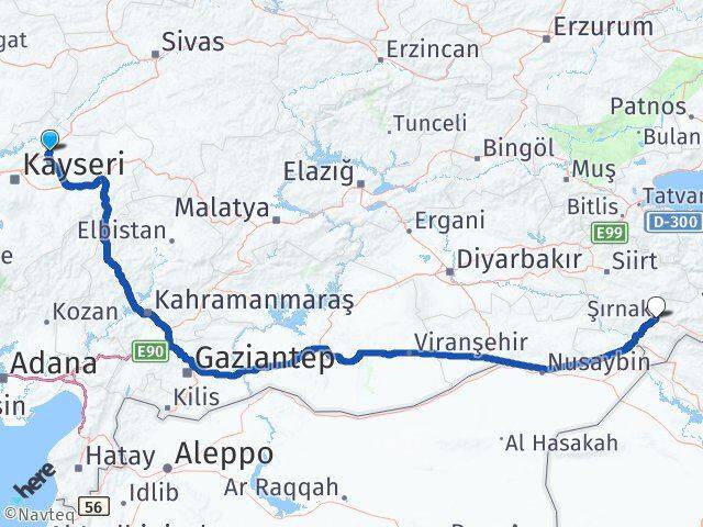 Kayseri Bünyan Şırnak Arası Kaç Km - Yol Haritası