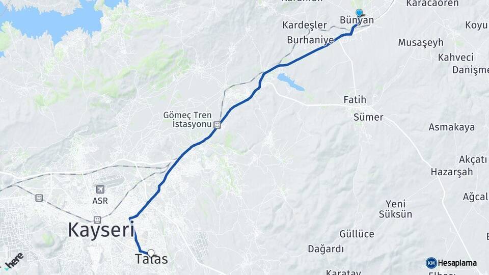 Kayseri Bünyan Talas Arası Kaç Km - Yol Haritası