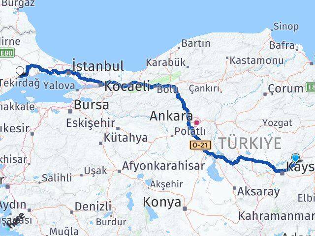 Kayseri Bünyan Tekirdağ Arası Kaç Km - Yol Haritası