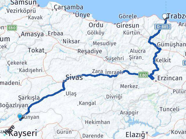 Kayseri Bünyan Trabzon Arası Kaç Km - Yol Haritası