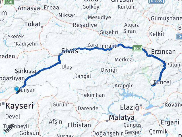 Kayseri Bünyan Tunceli Arası Kaç Km - Yol Haritası