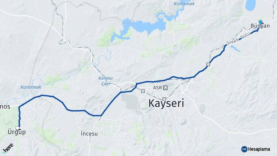 Kayseri Bünyan Ürgüp Nevşehir Arası Kaç Km - Yol Haritası