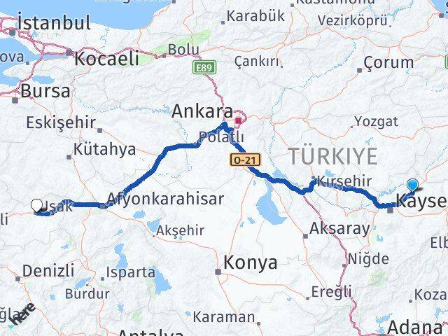Kayseri Bünyan Uşak Arası Kaç Km - Yol Haritası