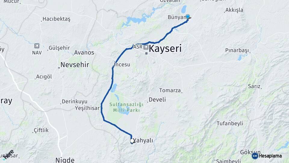 Kayseri Bünyan Yahyalı Arası Kaç Km - Yol Haritası