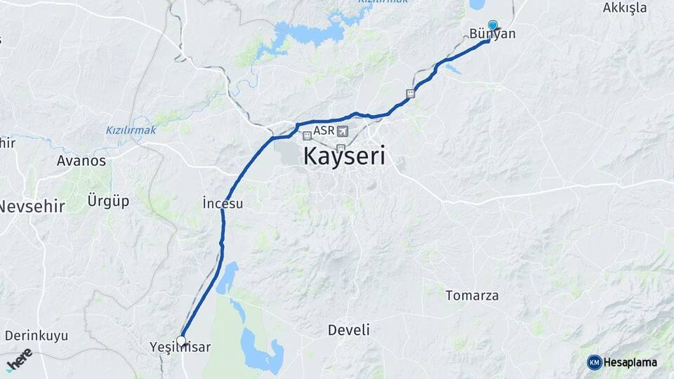 Kayseri Bünyan Yeşilhisar Arası Kaç Km - Yol Haritası