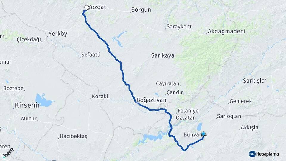 Kayseri Bünyan Yozgat Arası Kaç Km - Yol Haritası