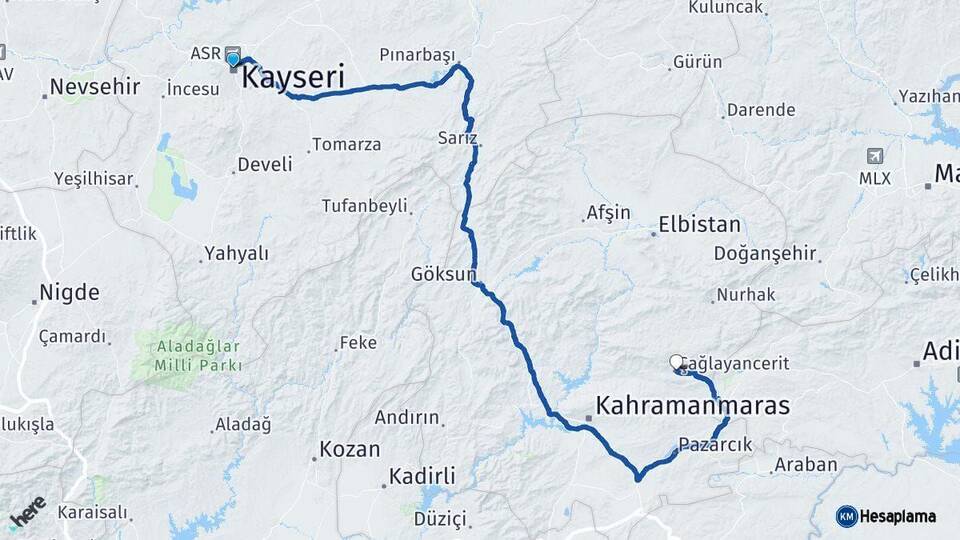 Kayseri Çağlayancerit Kahramanmaraş Arası Kaç Km - Yol Haritası