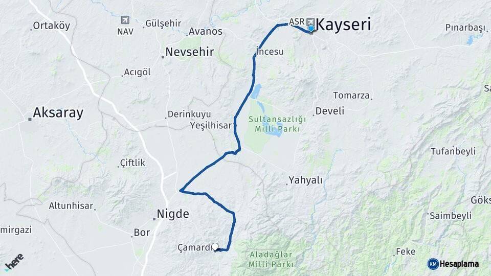 Kayseri Çamardı Niğde Arası Kaç Km - Yol Haritası