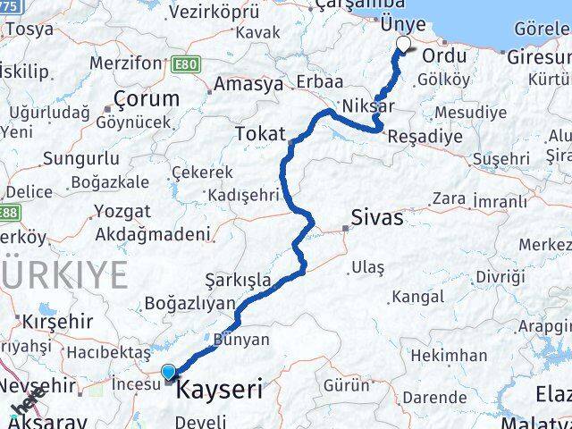 Kayseri Çamaş Ordu Arası Kaç Km - Yol Haritası