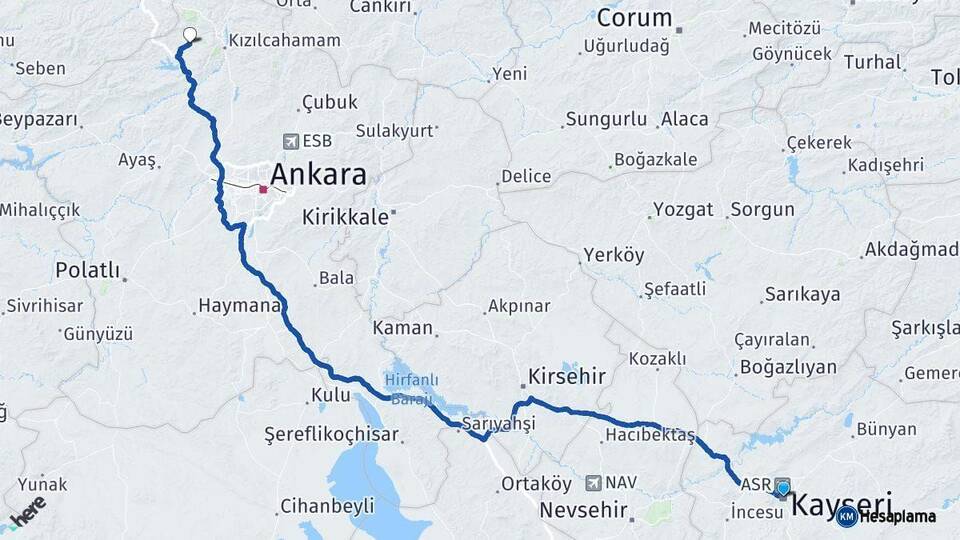 Kayseri Çamlıdere Ankara Arası Kaç Km - Yol Haritası