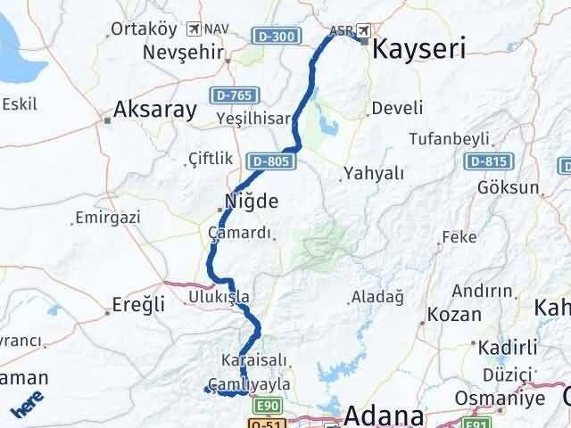 Kayseri Çamlıyayla Mersin Arası Kaç Km - Yol Haritası