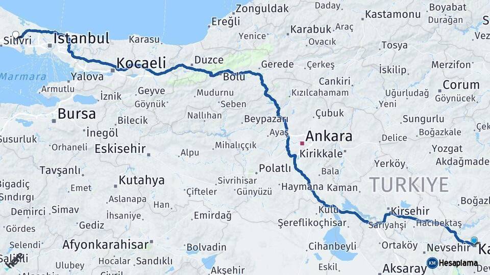 Kayseri Çatalca İstanbul Arası Kaç Km - Yol Haritası