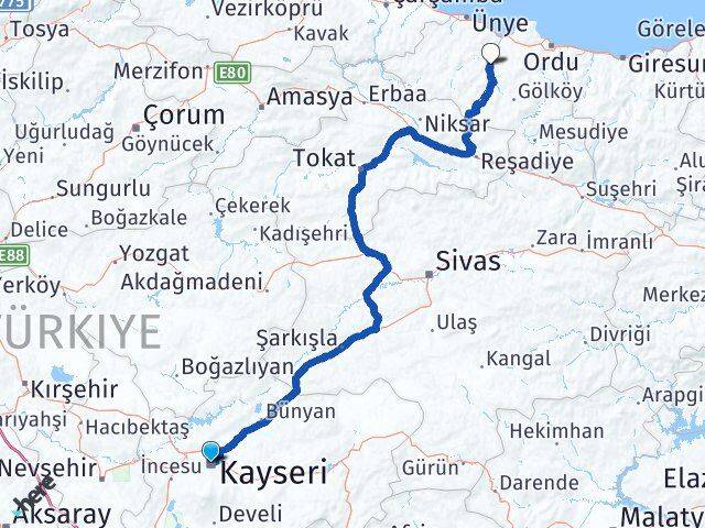 Kayseri Çatalpınar Ordu Arası Kaç Km - Yol Haritası