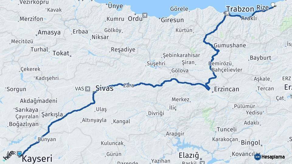 Kayseri Çayeli Rize Arası Kaç Km - Yol Haritası