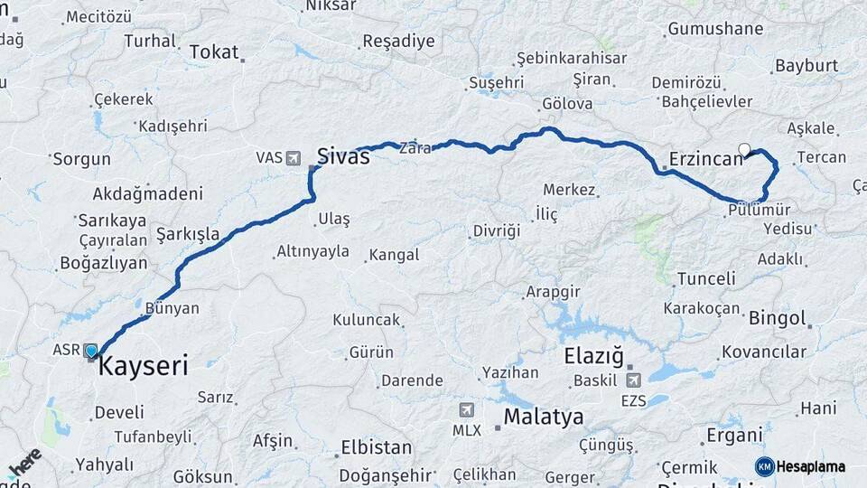 Kayseri Çayırlı Erzincan Arası Kaç Km - Yol Haritası