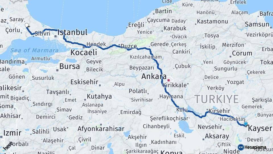 Kayseri Çerkezköy Tekirdağ Arası Kaç Km - Yol Haritası
