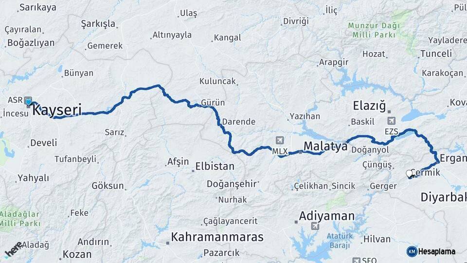 Kayseri Çermik Diyarbakır Arası Kaç Km - Yol Haritası