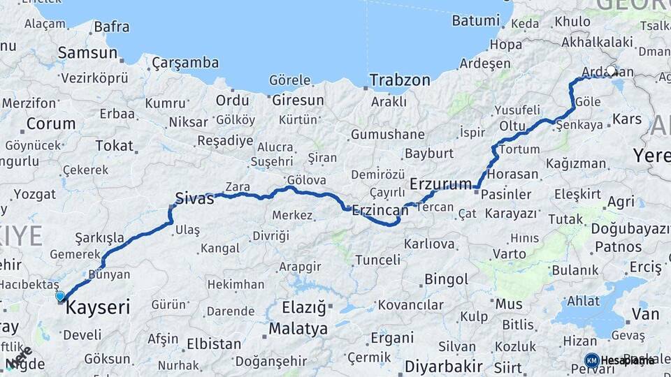 Kayseri Çıldır Ardahan Arası Kaç Km - Yol Haritası