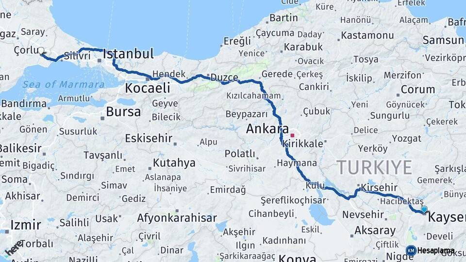 Kayseri Çorlu Tekirdağ Arası Kaç Km - Yol Haritası
