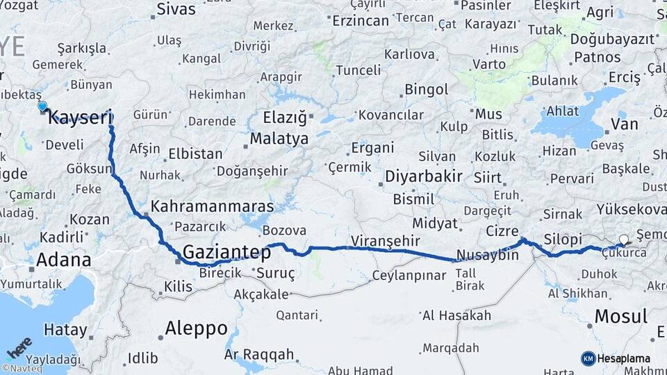Kayseri Çukurca Hakkari Arası Kaç Km - Yol Haritası