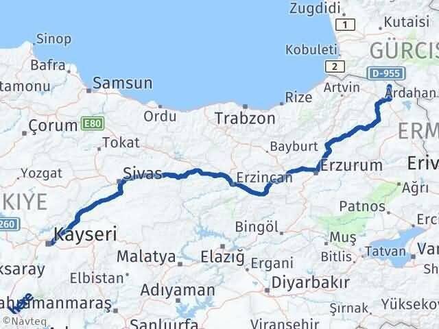 Kayseri Damal Ardahan Arası Kaç Km - Yol Haritası