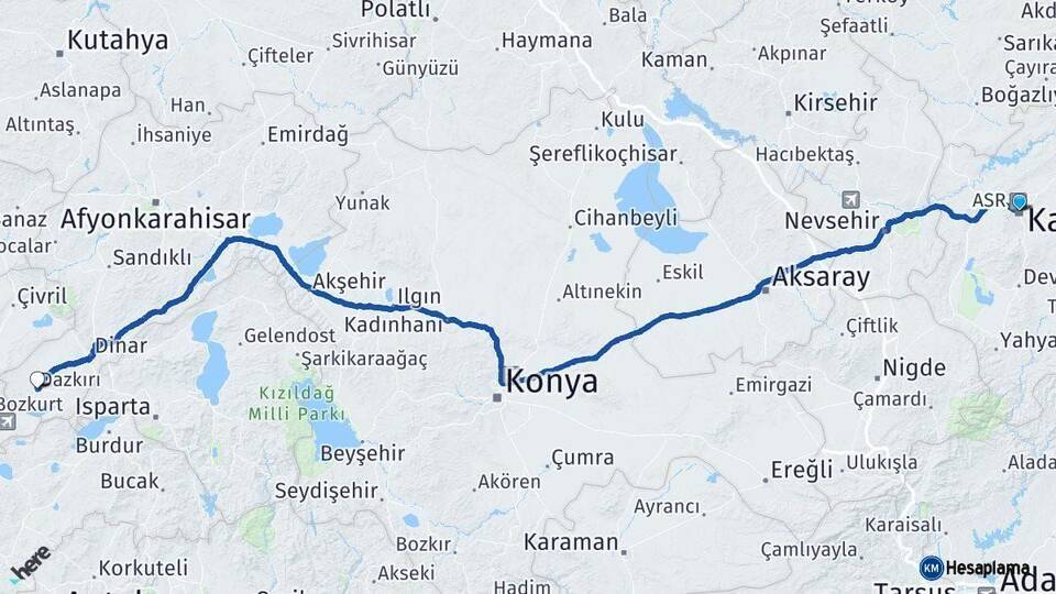 Kayseri Dazkırı Afyonkarahisar Arası Kaç Km - Yol Haritası