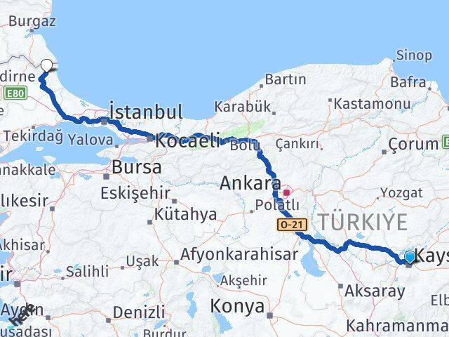 Kayseri Demirköy Kırklareli Arası Kaç Km - Yol Haritası
