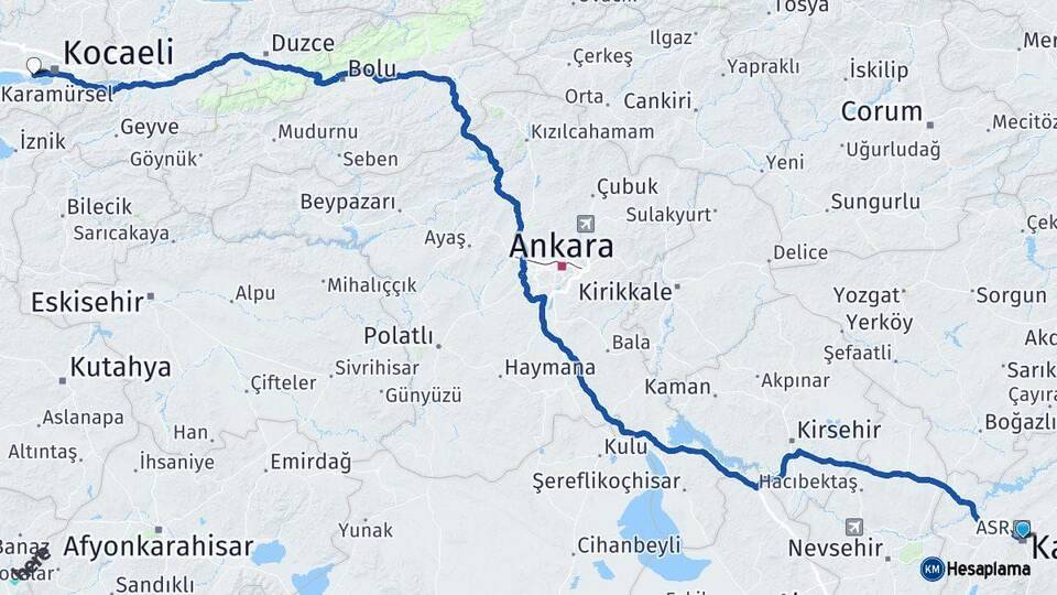 Kayseri Derince Kocaeli Arası Kaç Km - Yol Haritası