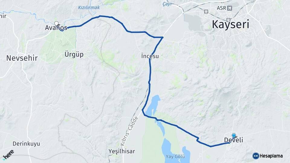 Kayseri Develi Avanos Nevşehir Arası Kaç Km - Yol Haritası