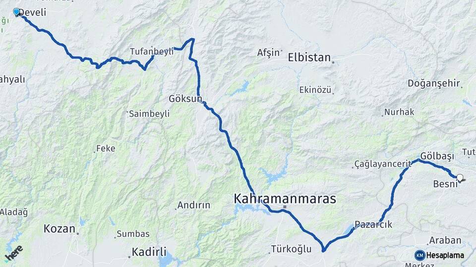 Kayseri Develi Besni Adıyaman Arası Kaç Km - Yol Haritası