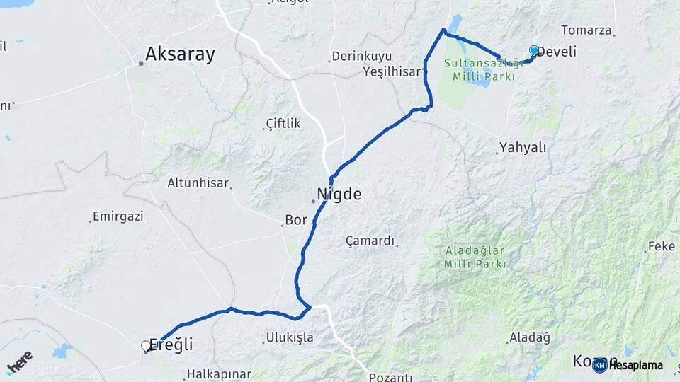Kayseri Develi Ereğli Konya Arası Kaç Km - Yol Haritası