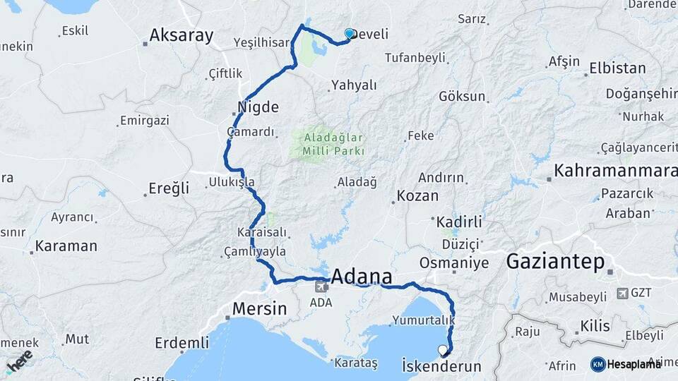 Kayseri Develi İskenderun Hatay Arası Kaç Km - Yol Haritası