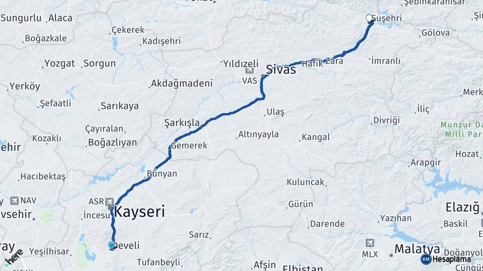 Kayseri Develi Suşehri Sivas Arası Kaç Km - Yol Haritası