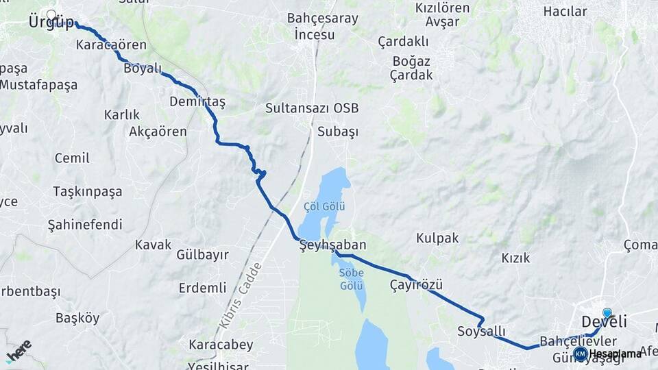 Kayseri Develi Ürgüp Nevşehir Arası Kaç Km - Yol Haritası