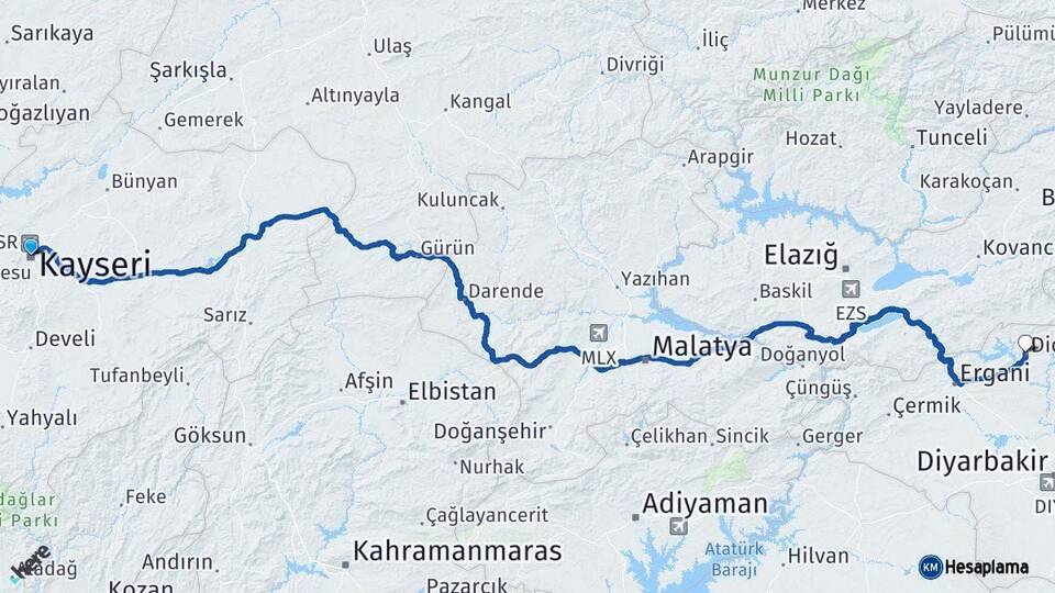 Kayseri Dicle Diyarbakır Arası Kaç Km - Yol Haritası