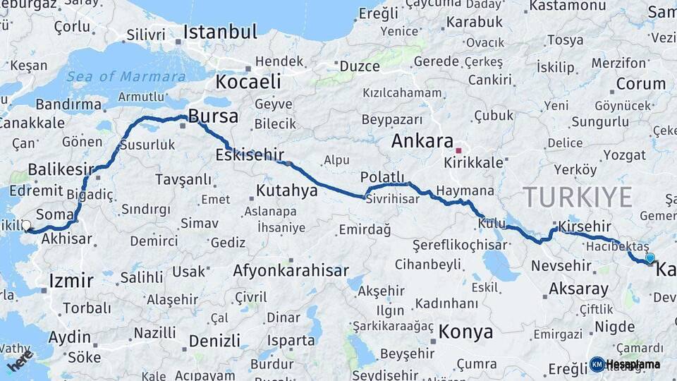 Kayseri Dikili İzmir Arası Kaç Km - Yol Haritası