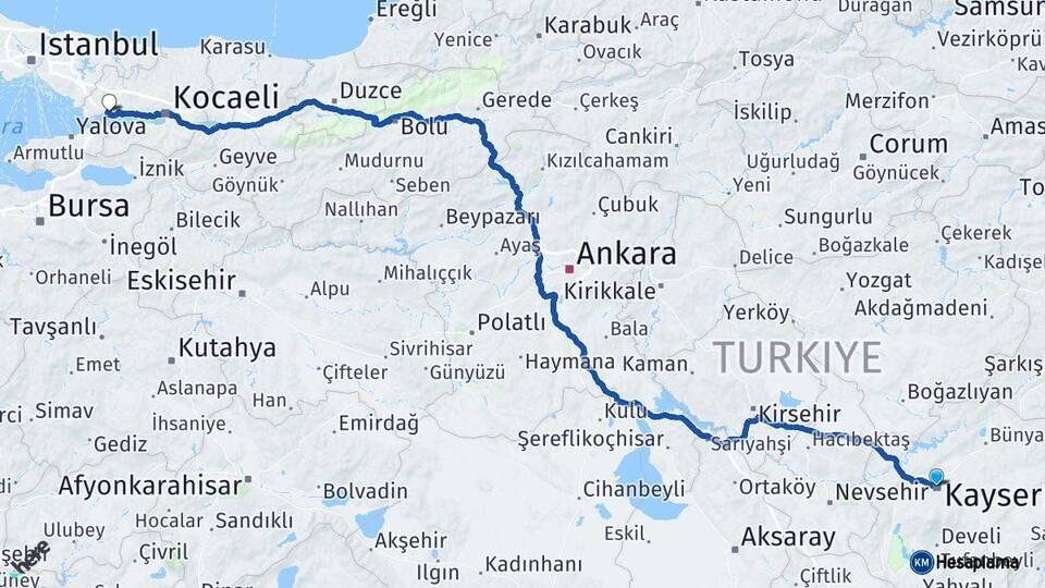 Kayseri Dilovası Kocaeli Arası Kaç Km - Yol Haritası