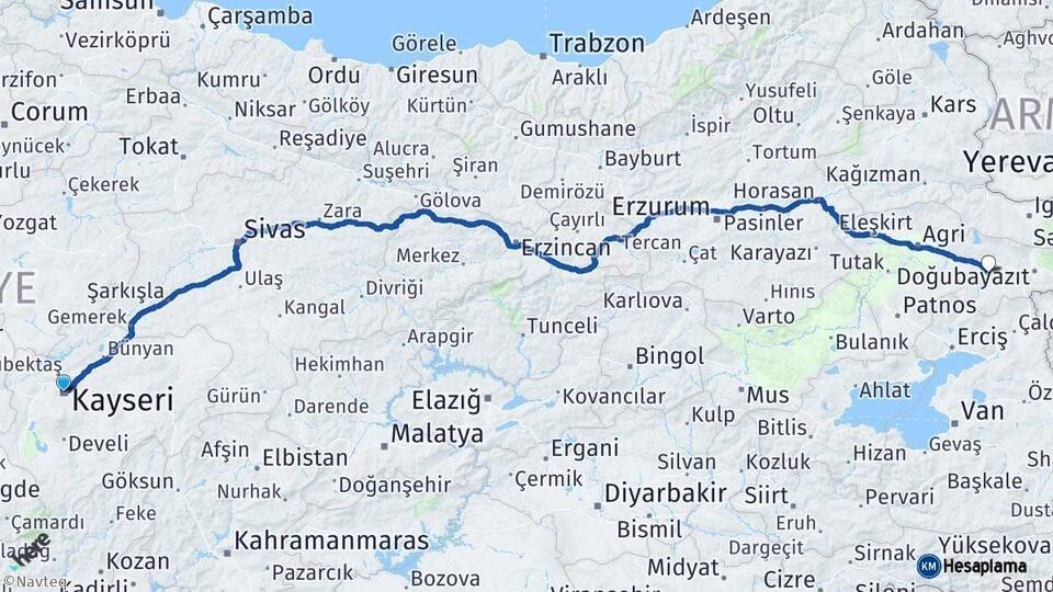 Kayseri Diyadin Ağrı Arası Kaç Km - Yol Haritası