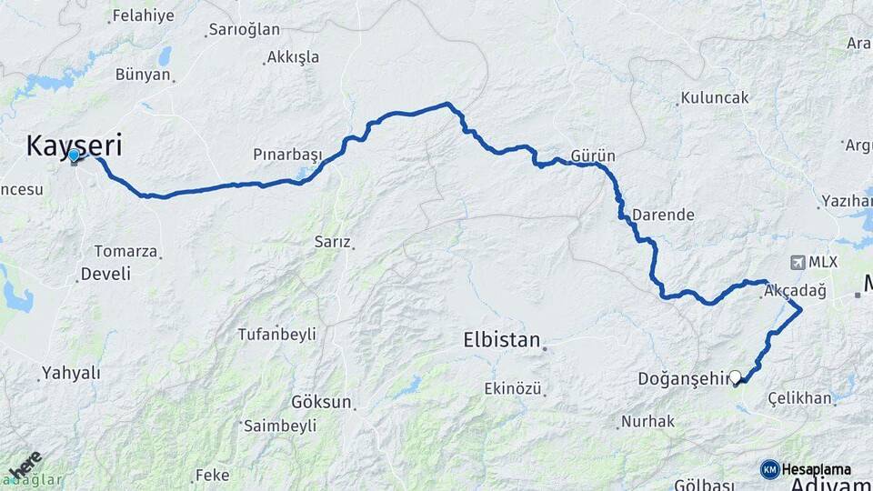 Kayseri Doğanşehir Malatya Arası Kaç Km - Yol Haritası