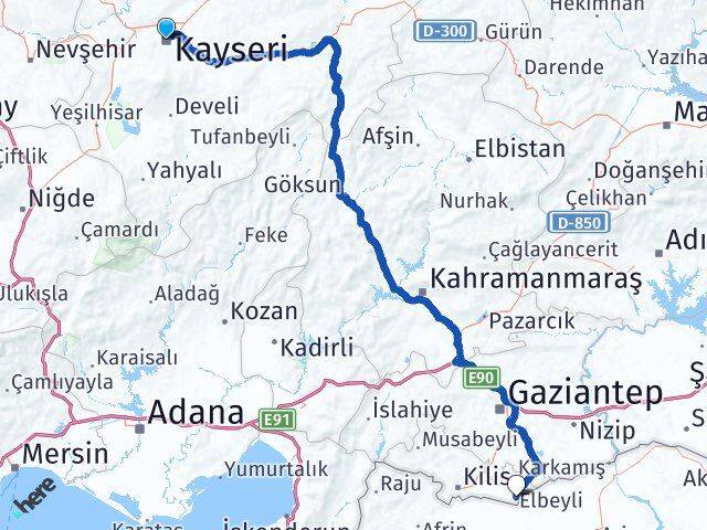 Kayseri Elbeyli Kilis Arası Kaç Km - Yol Haritası