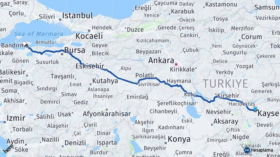 Kayseri Erdek Balıkesir Arası Kaç Km - Yol Haritası