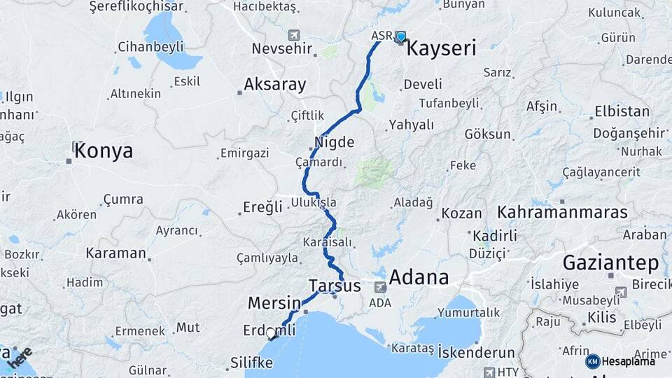 Kayseri Erdemli Mersin Arası Kaç Km - Yol Haritası