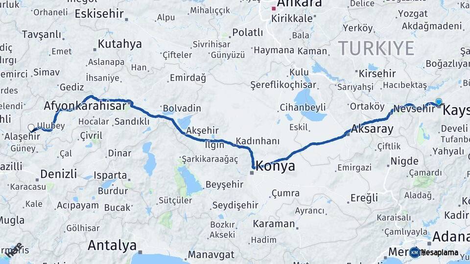 Kayseri Eşme Uşak Arası Kaç Km - Yol Haritası