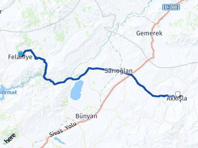 Kayseri Felahiye Akkışla Arası Kaç Km - Yol Haritası