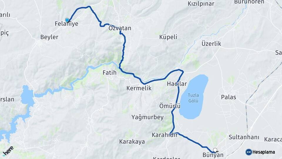 Kayseri Felahiye Bünyan Arası Kaç Km - Yol Haritası