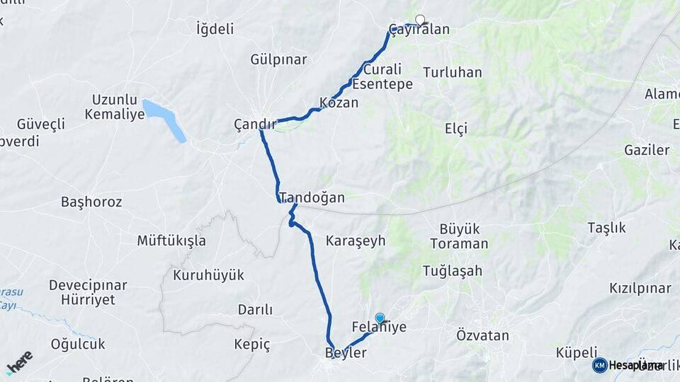 Kayseri Felahiye Çayıralan Yozgat Arası Kaç Km - Yol Haritası