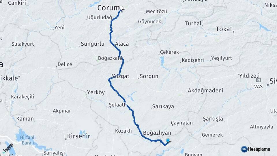 Kayseri Felahiye Çorum Arası Kaç Km - Yol Haritası