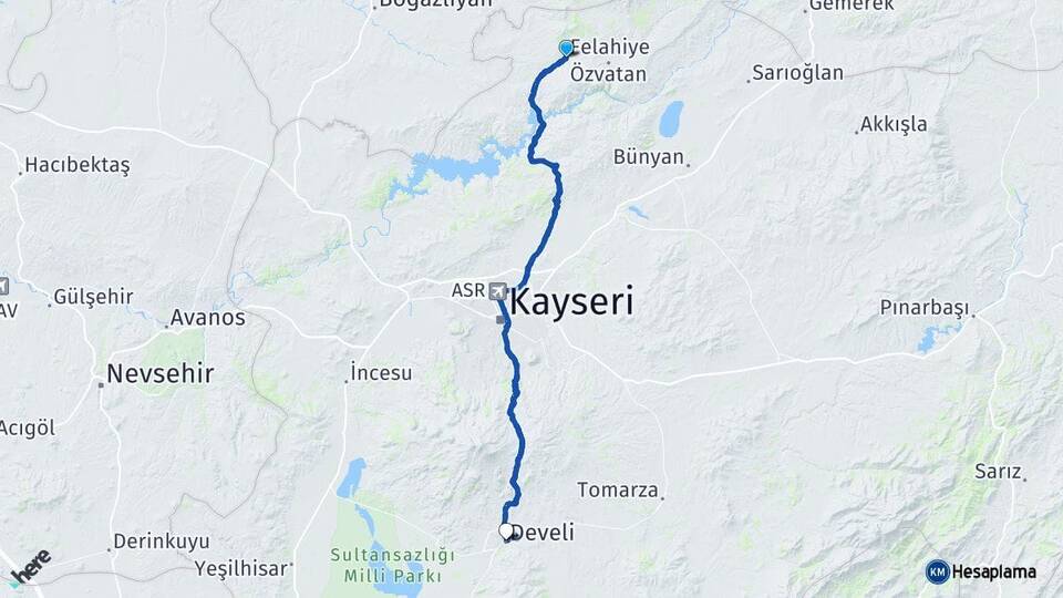 Kayseri Felahiye Develi Arası Kaç Km - Yol Haritası