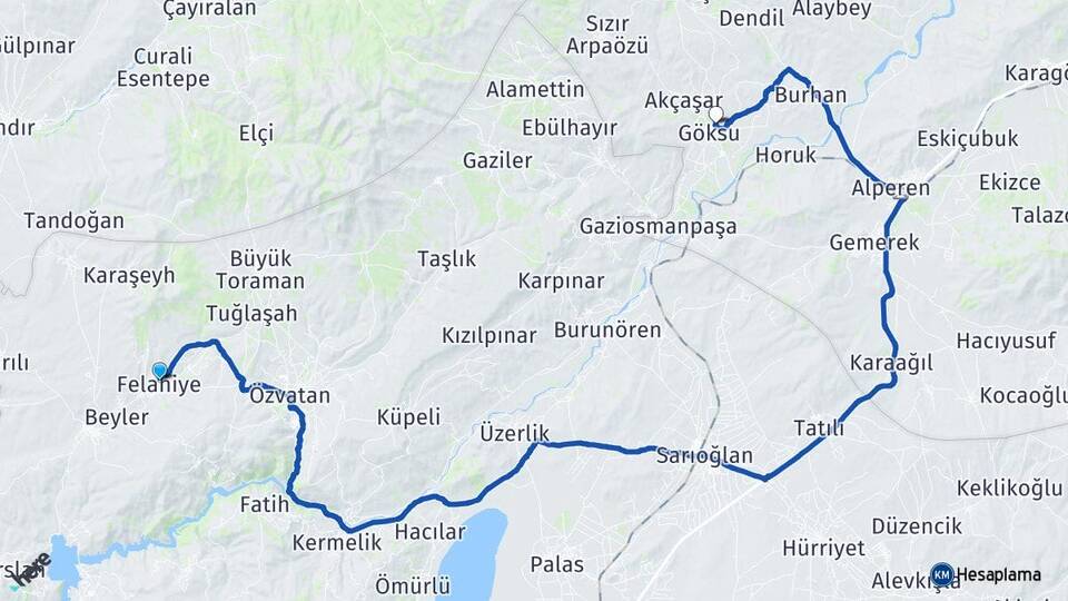 Kayseri Felahiye Eğerci Gemerek Sivas Arası Kaç Km - Yol Haritası