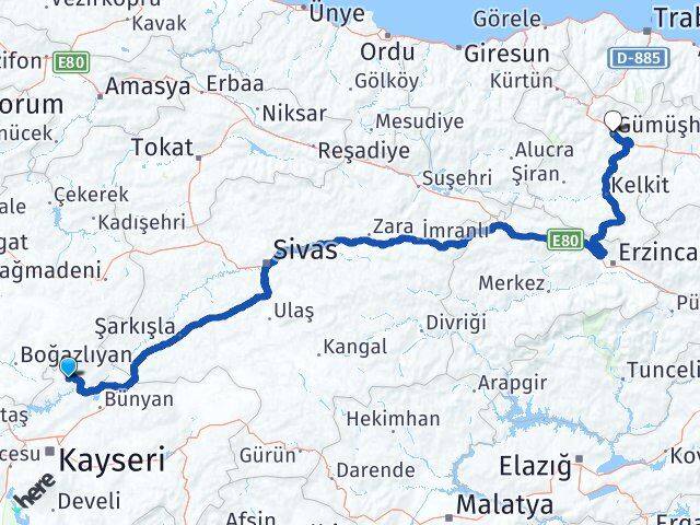 Kayseri Felahiye Gümüşhane Arası Kaç Km - Yol Haritası